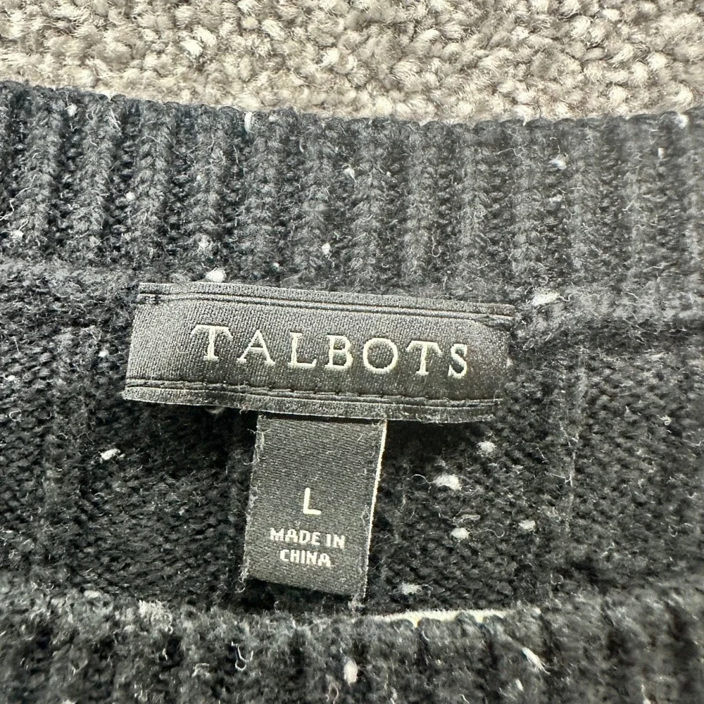 Talbots Pullover Sweater Women Large Black‎ Speckle CableKnit Stretch Cotton